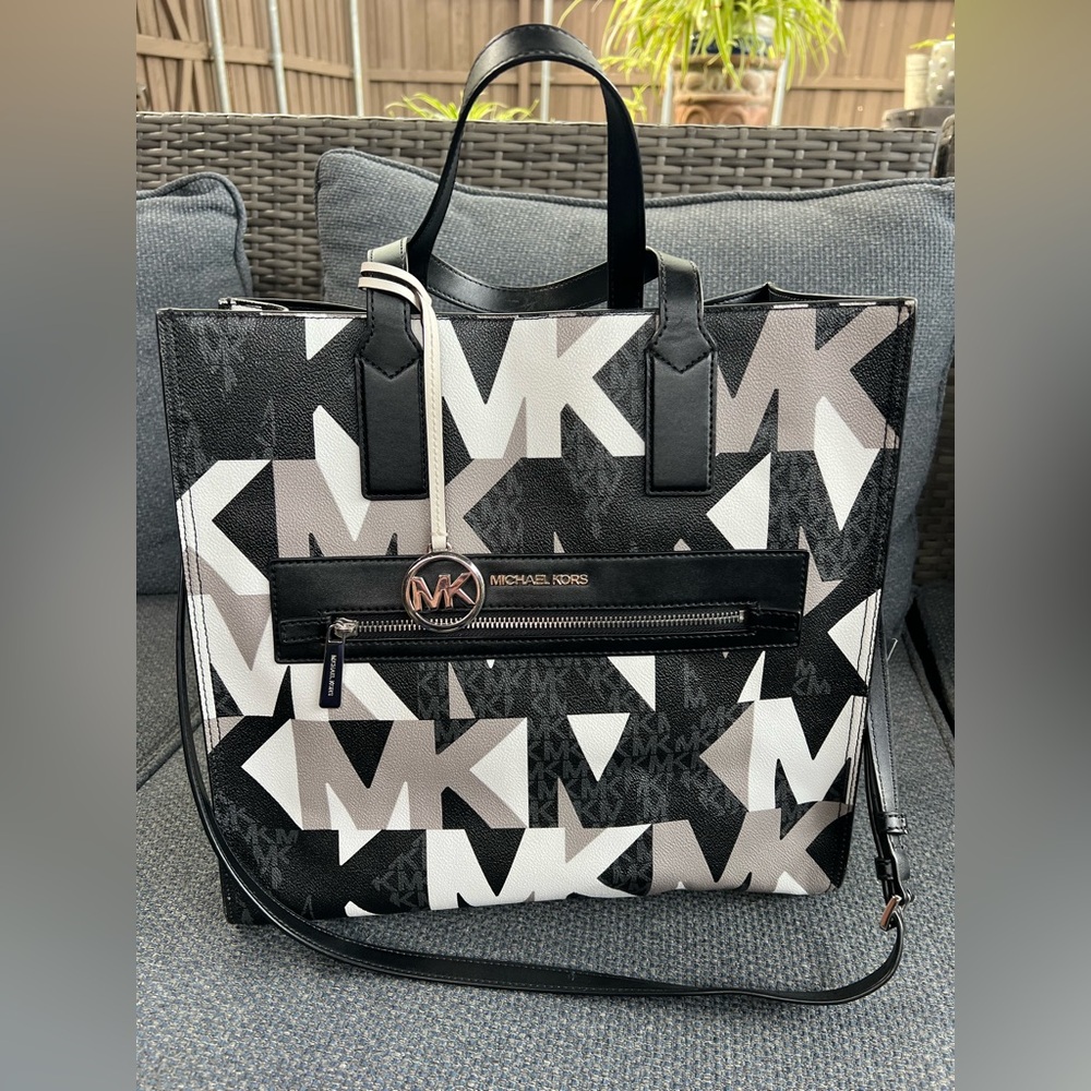 Michael Kors Large Logo Leather Canvas Tote Satchel Bag Purse